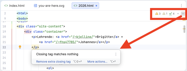 Screenshot: Fehler in HTML-Code in PHPStorm