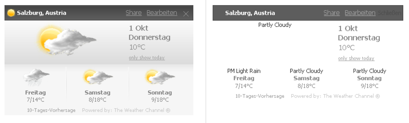 Abbildung 10: Wetterbericht mit Bildern und ohne Bilder (nur ALT-Texte)